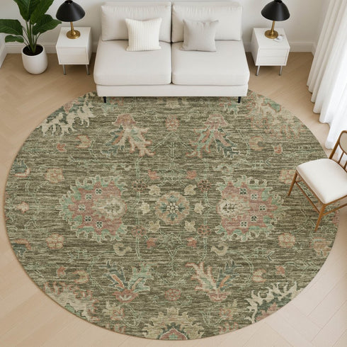 8' Olive Green And Beige Oriental Washable Round Rug With UV Protection