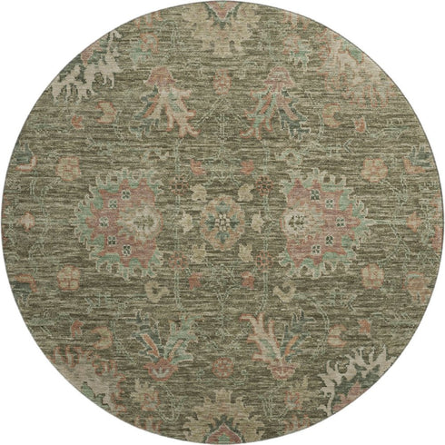 8' Olive Green And Beige Oriental Washable Round Rug With UV Protection