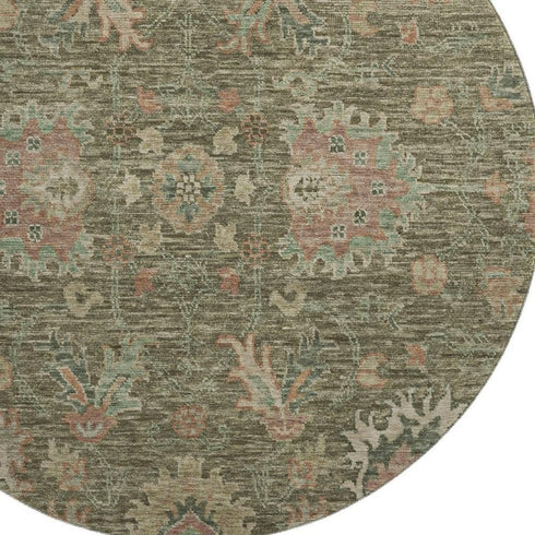 8' Olive Green And Beige Oriental Washable Round Rug With UV Protection