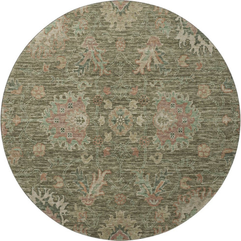 8' Olive Green And Beige Oriental Washable Round Rug With UV Protection