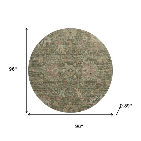 8' Olive Green And Beige Oriental Washable Round Rug With UV Protection
