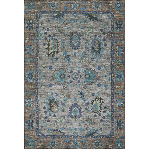 5' X 8' Pewter And Teal Oriental Washable Area Rug With UV Protection