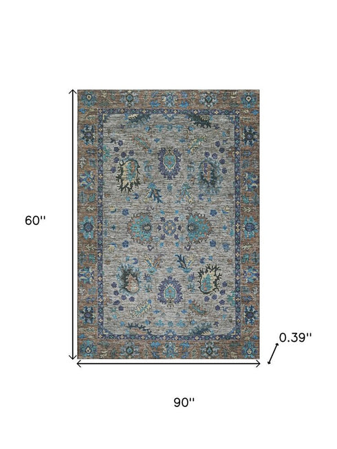 5' X 8' Pewter And Teal Oriental Washable Area Rug With UV Protection