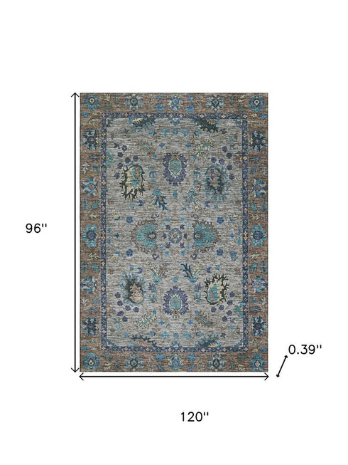 8' X 10' Pewter And Teal Oriental Washable Area Rug With UV Protection