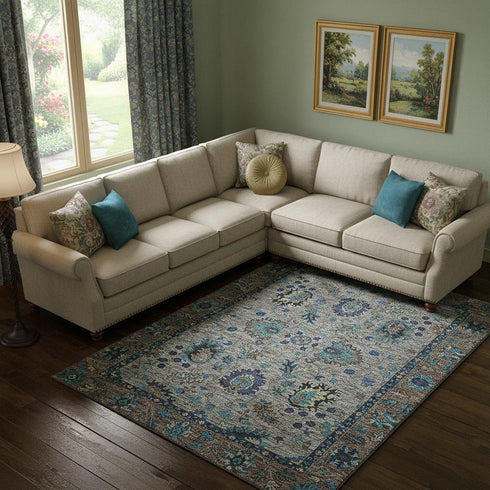 8' X 10' Pewter And Teal Oriental Washable Area Rug With UV Protection