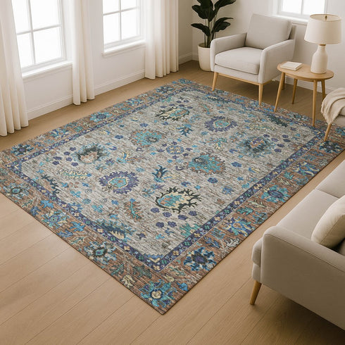 8' X 10' Pewter And Teal Oriental Washable Area Rug With UV Protection