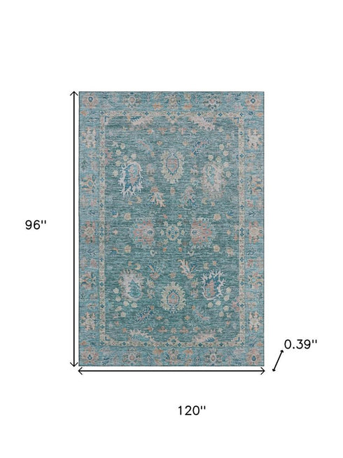 8' X 10' Teal And Copper Oriental Washable Area Rug With UV Protection