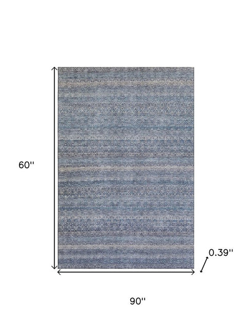 5' X 8' Blue And Beige Striped Washable Area Rug With UV Protection