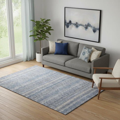 5' X 8' Blue And Beige Striped Washable Area Rug With UV Protection