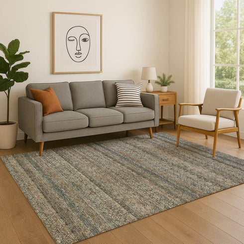 8' X 10' Chocolate And Gray Striped Washable Area Rug With UV Protection