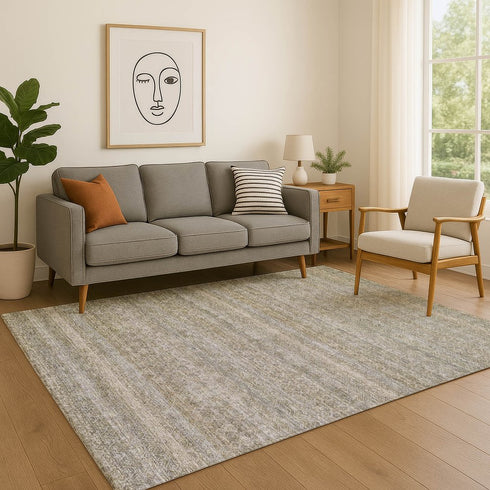 8' X 10' Khaki And Beige Striped Washable Area Rug With UV Protection