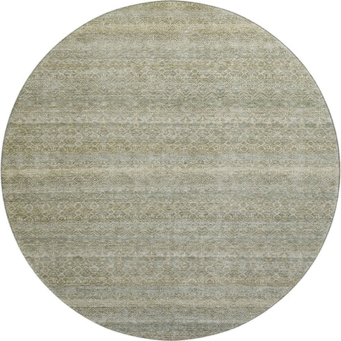 8' Linen And Beige Striped Washable Round Rug With UV Protection