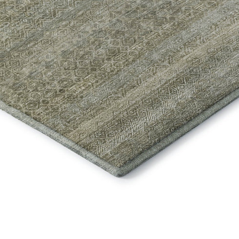 8' Linen And Beige Striped Washable Round Rug With UV Protection