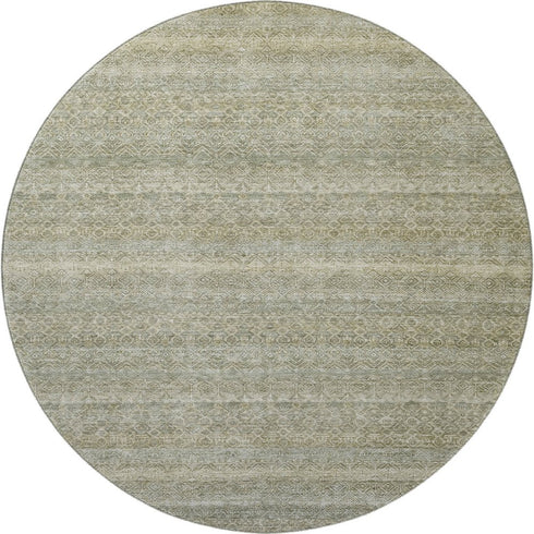 8' Linen And Beige Striped Washable Round Rug With UV Protection