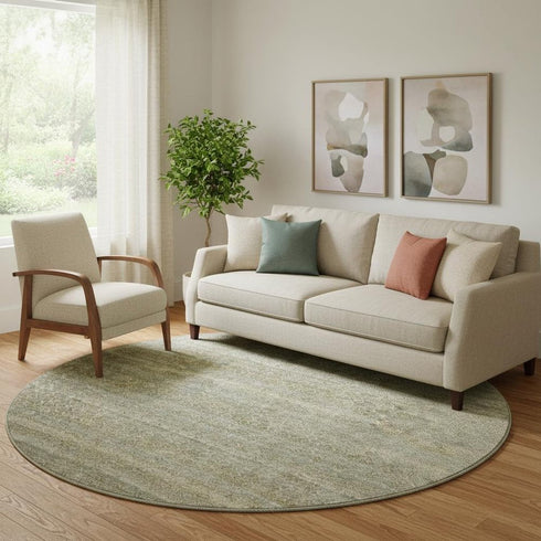 8' Linen And Beige Striped Washable Round Rug With UV Protection