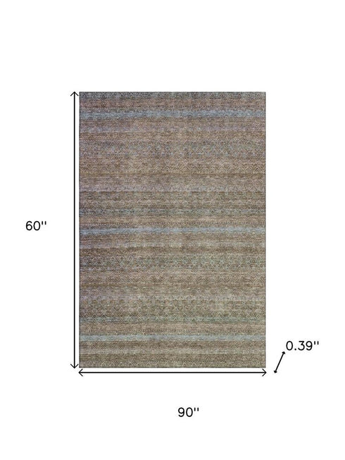 5' X 8' Brown And Blue Striped Washable Area Rug With UV Protection