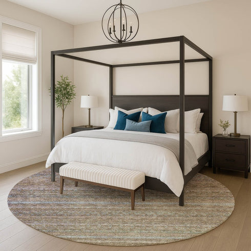 8' Brown And Blue Striped Washable Round Rug With UV Protection