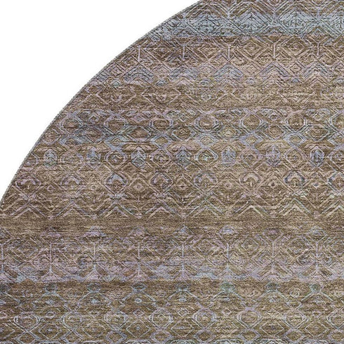 8' Brown And Blue Striped Washable Round Rug With UV Protection