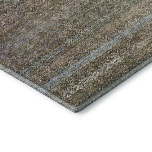 8' Brown And Blue Striped Washable Round Rug With UV Protection