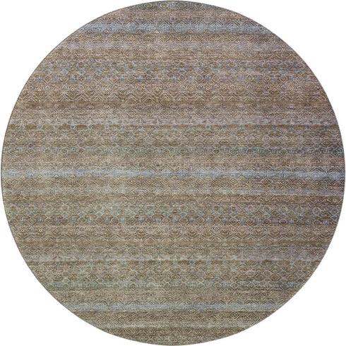 8' Brown And Blue Striped Washable Round Rug With UV Protection
