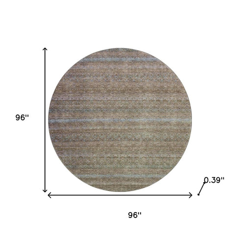 8' Brown And Blue Striped Washable Round Rug With UV Protection
