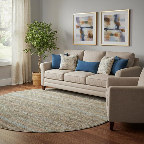 8' Brown And Blue Striped Washable Round Rug With UV Protection