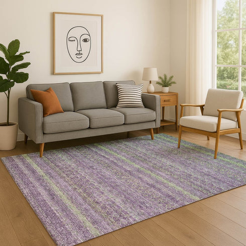 8' X 10' Purple And Green Striped Washable Area Rug With UV Protection