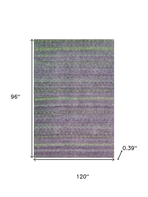 8' X 10' Purple And Green Striped Washable Area Rug With UV Protection