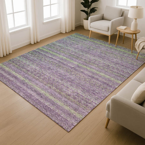 8' X 10' Purple And Green Striped Washable Area Rug With UV Protection