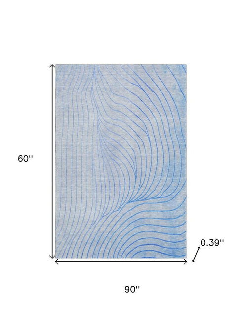 5' X 8' Blue And Silver Abstract Washable Area Rug With UV Protection