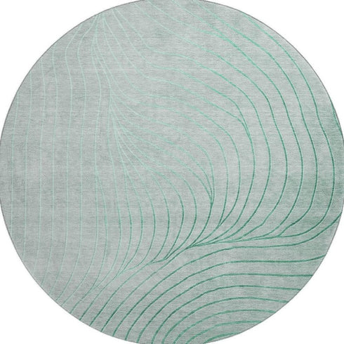 8' Mint Green And Silver Abstract Washable Round Rug With UV Protection