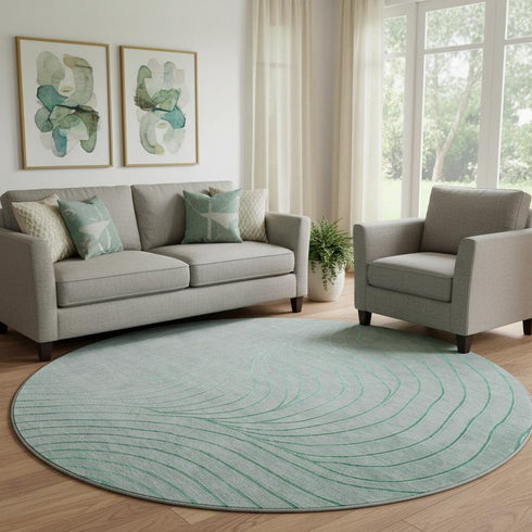 8' Mint Green And Silver Abstract Washable Round Rug With UV Protection