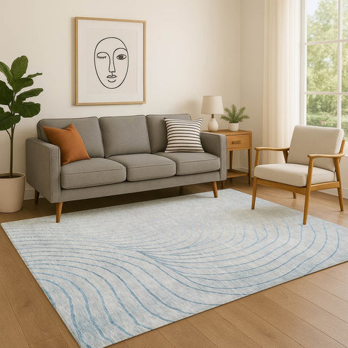 8' X 10' Sky Blue And Silver Abstract Washable Area Rug With UV Protection