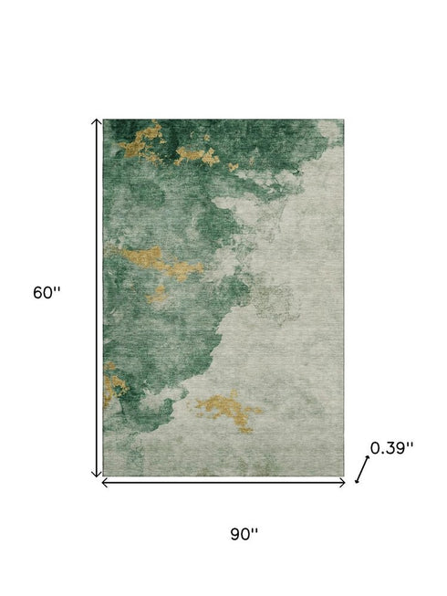 5' X 8' Emerald And Gold Abstract Washable Area Rug With UV Protection