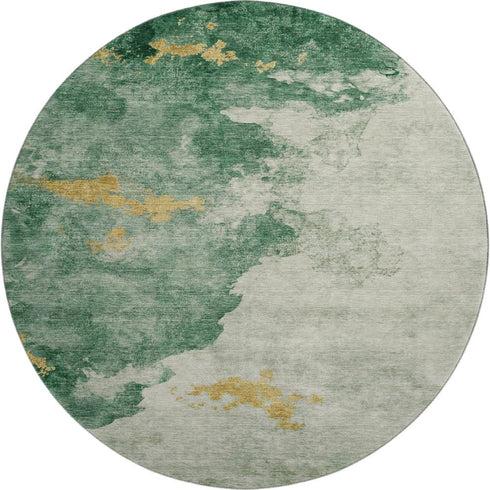 8' Emerald And Gold Abstract Washable Round Rug With UV Protection