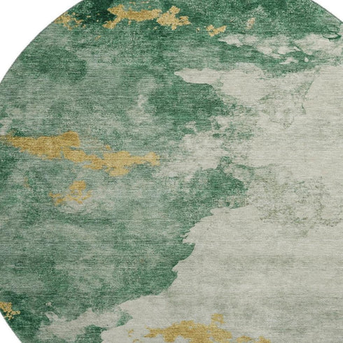8' Emerald And Gold Abstract Washable Round Rug With UV Protection