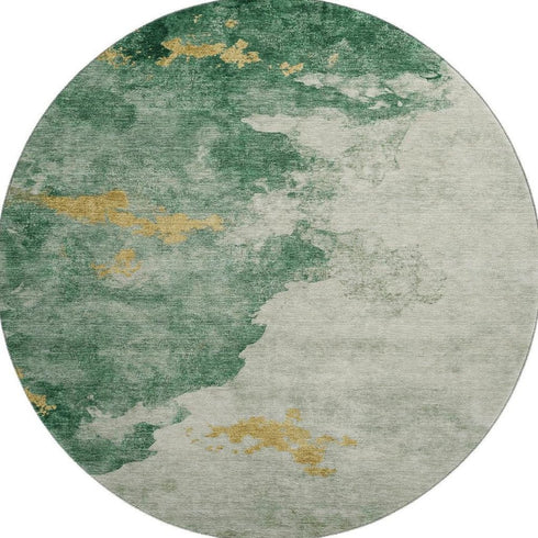 8' Emerald And Gold Abstract Washable Round Rug With UV Protection