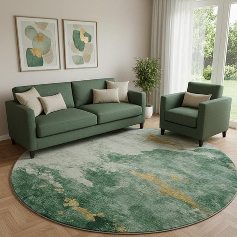 8' Emerald And Gold Abstract Washable Round Rug With UV Protection