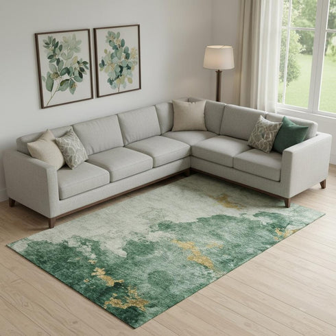 8' X 10' Emerald And Gold Abstract Washable Area Rug With UV Protection