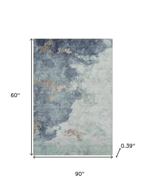 5' X 8' Pale Aqua And Taupe Abstract Washable Area Rug With UV Protection