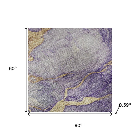 5' X 8' Purple And Gold Abstract Washable Area Rug With UV Protection