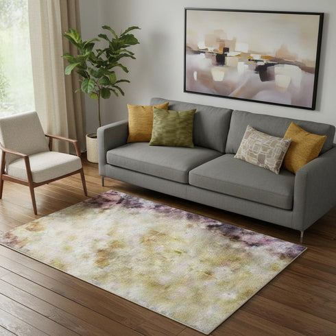 5' X 8' Purple And Gold Abstract Washable Area Rug With UV Protection