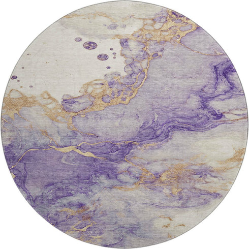 8' Purple And Gold Abstract Washable Round Rug With UV Protection