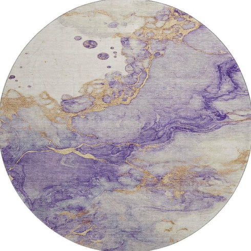 8' Purple And Gold Abstract Washable Round Rug With UV Protection
