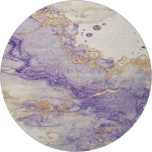 8' Purple And Gold Abstract Washable Round Rug With UV Protection