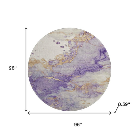 8' Purple And Gold Abstract Washable Round Rug With UV Protection