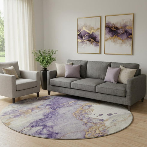 8' Purple And Gold Abstract Washable Round Rug With UV Protection