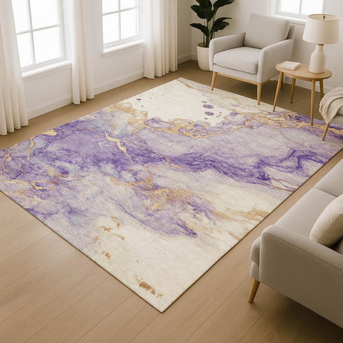 8' X 10' Purple And Gold Abstract Washable Area Rug With UV Protection