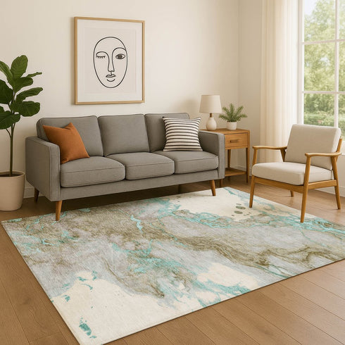 8' X 10' Teal And Brown Abstract Washable Area Rug With UV Protection