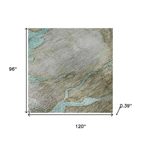 8' X 10' Teal And Brown Abstract Washable Area Rug With UV Protection